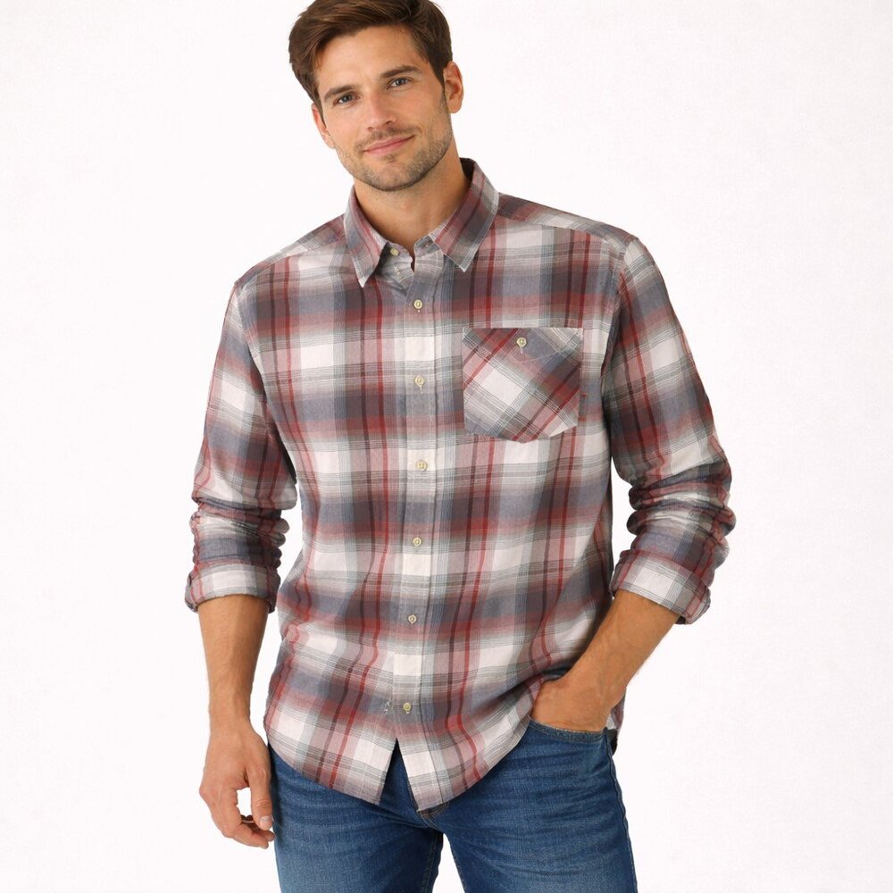 Merrell Long Sleeve Button Front Cotton Shirt Mens Red Gray Plaid Size Large